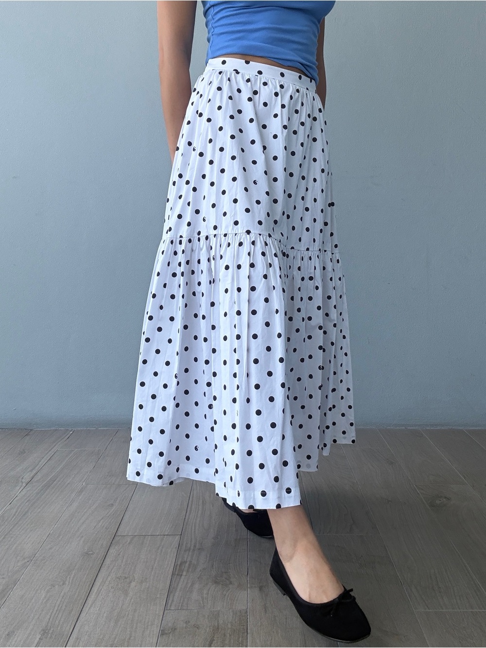 Polka Dot Tiered Maxi Skirt - White with Black Dots